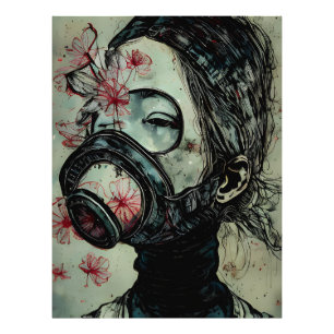 Kvinnor i en gasmask med blommor fototryck