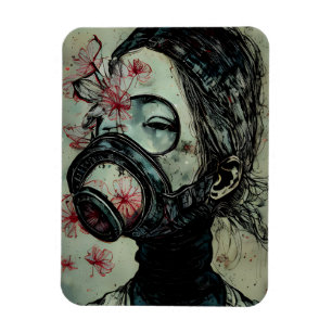 Kvinnor i en gasmask med blommor magnet