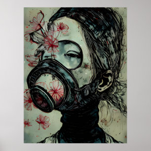 Kvinnor i en gasmask med blommor poster