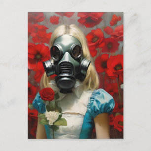 Kvinnor i en gasmask Röda blommor Vykort