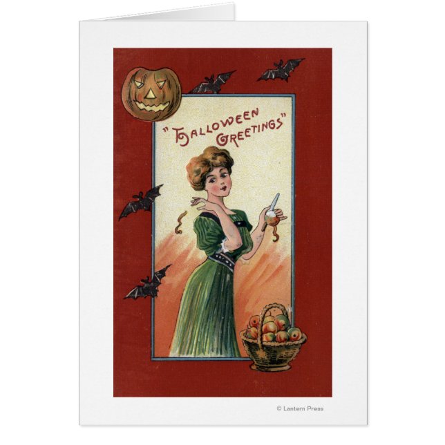 Kvinnor i Grönt Dress Peeling Apple Hälsningskort (Framsidan)