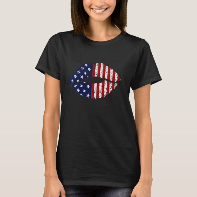 Kvinnor i Läppar Amerikanska Flagga 4 juli stolt U T Shirt (Framsida)
