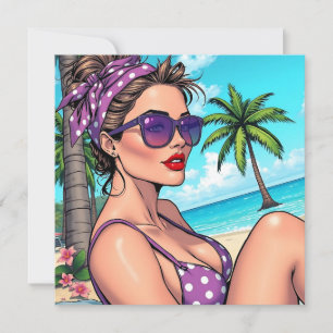 Kvinnor i Lila Polka Dot Bikini på Beach Blank Kort