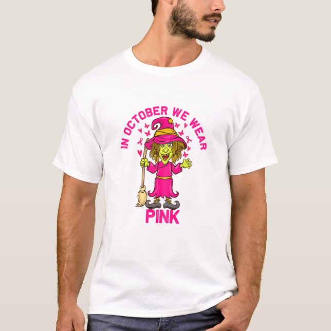 Kvinnor i oktober Vi Bära Rosa Halloween Cute Witc T Shirt (Framsida)