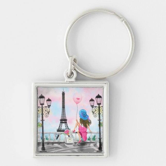 KVINNOR I Paris Eiffel Torn Keychain Gift Fyrkantig Silverfärgad Nyckelring (Framsidan)