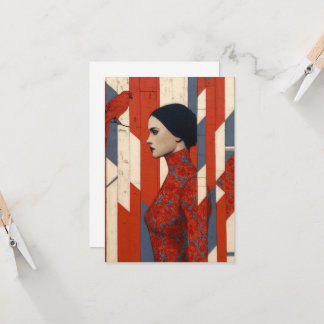 Kvinnor i röd blomning och rödfågel kort