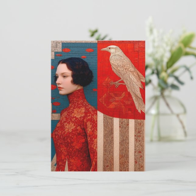 Kvinnor i rödblommiga klänningar och guldfågelvyko (Stående Fram)