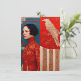 Kvinnor i rödblommiga klänningar och guldfågelvyko