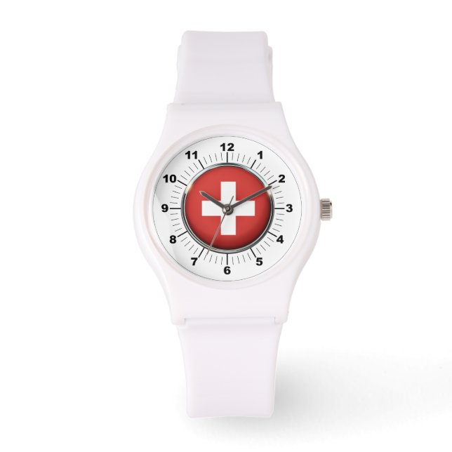 Kvinnor i Schweiz Flagga Sporty White Watch Armbandsur (Framsida)