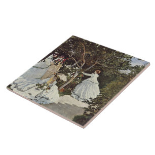 Kvinnor i trädgården av Claude Monet Kakelplatta