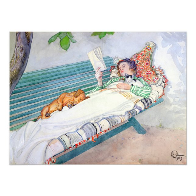 Kvinnor Ljugande på en bench av Carl Larsson Fototryck (Framsidan)