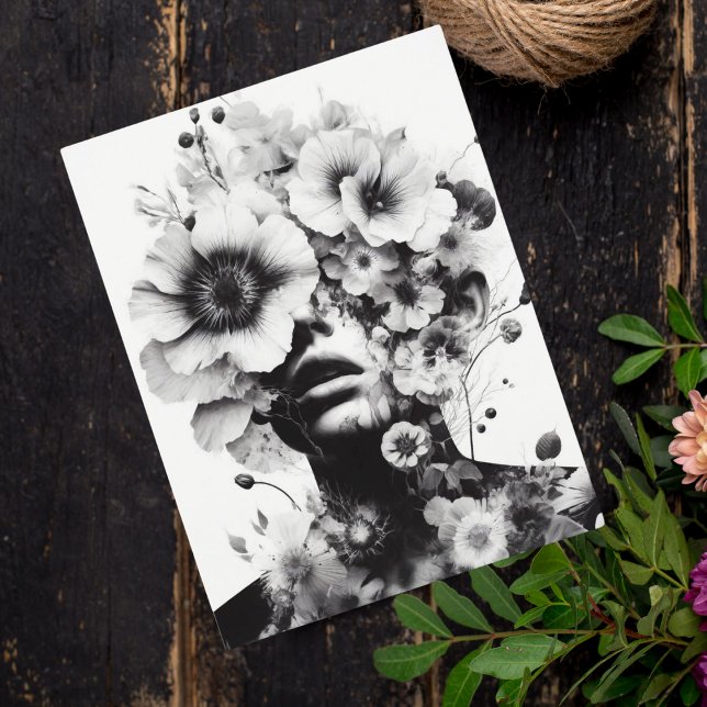 Kvinnor med blommor på sinnet i konstverk Fantasy Vykort (Share mystery and beauty with this surreal floral-adorned woman's portrait postcard.)
