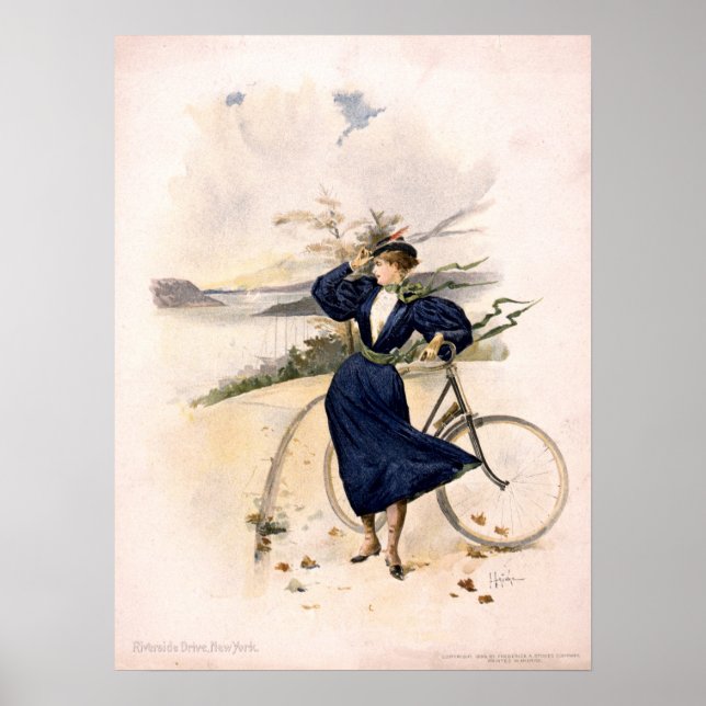 Kvinnor med cykel på Riverside Drive, New York Poster (Framsidan)