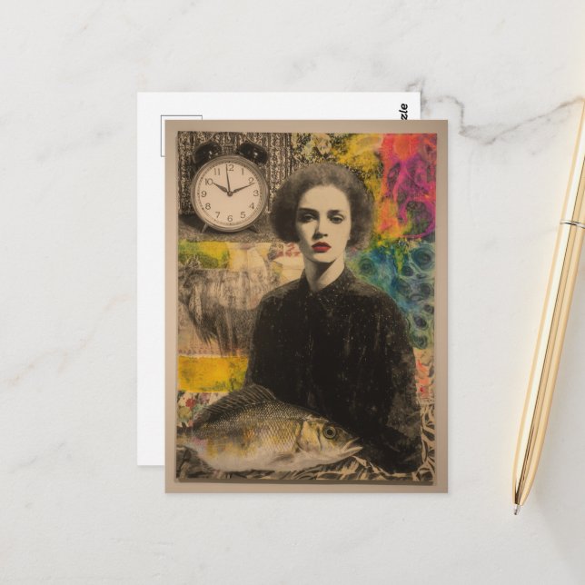 Kvinnor med fiskblandat mediesamling vykort (Fram/Back In Situ)