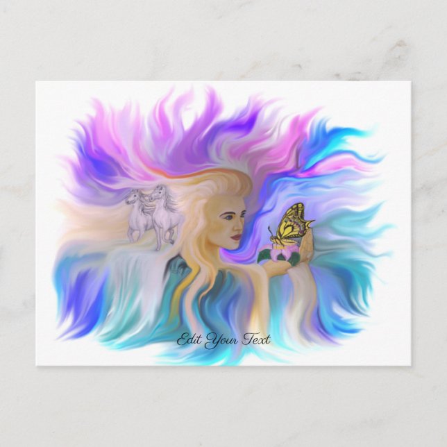 Kvinnor med häst och fjäril vykort (Framsida)
