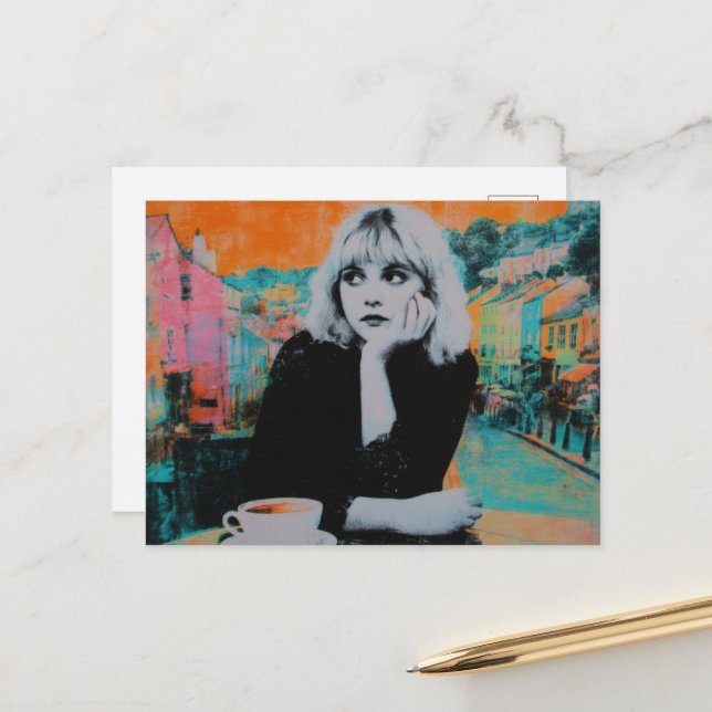 Kvinnor med kaffe färgstarka vykort (Fram/Back In Situ)