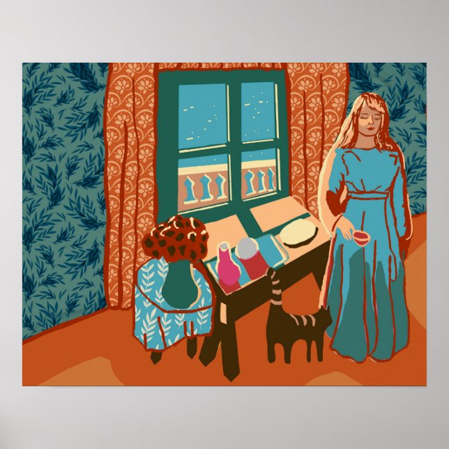 Kvinnor med katt i hus vid havsolskenet lycklig poster (Framsidan)