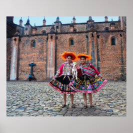 Kvinnor med lamm i Cusco, Peru Poster