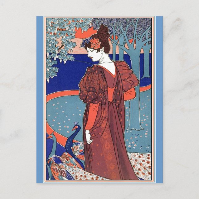 Kvinnor med Peacocks av: Louis John Rhead Vykort (Framsida)