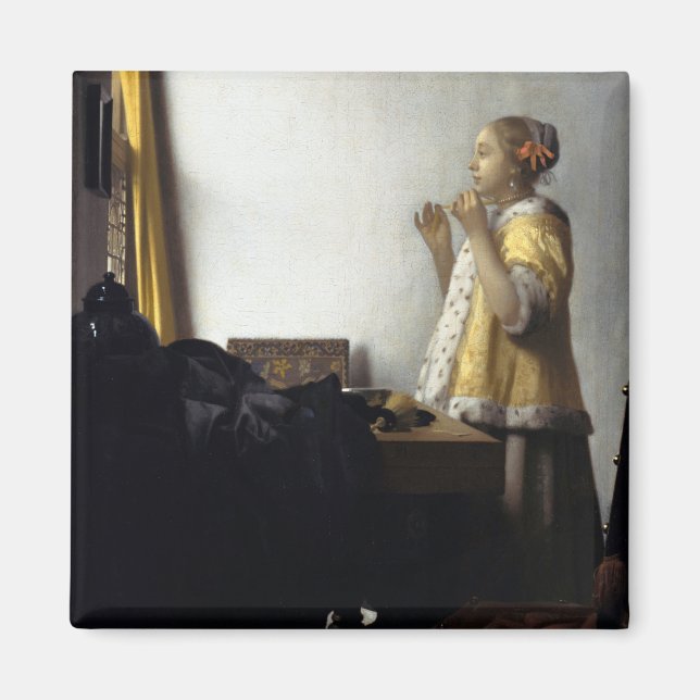 Kvinnor med Pearl Necklace av Johannes Vermeer Magnet (Framsidan)