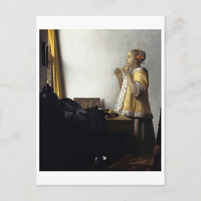 Kvinnor med Pearl Necklace av Johannes Vermeer Vykort (Framsida)
