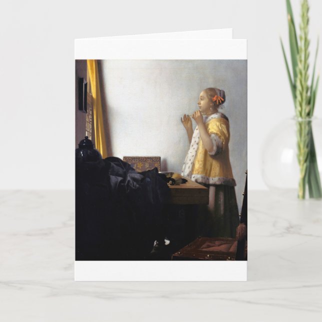 Kvinnor med Pearl Necklace, Johannes Vermeer Kort (Framsida)