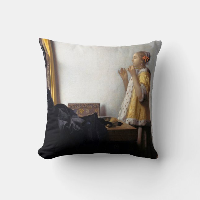 Kvinnor med Pearl Necklace, Johannes Vermeer Kudde (Framsida)