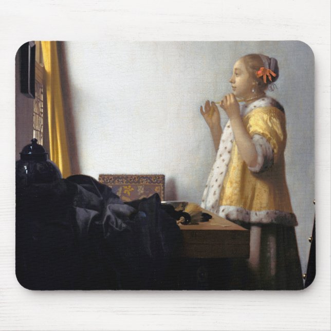 Kvinnor med Pearl Necklace, Johannes Vermeer Musmatta (Framsidan)