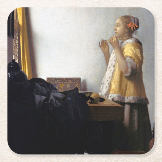 Kvinnor med Pearl Necklace, Johannes Vermeer Underlägg Papper Kvadrat (Framsidan)