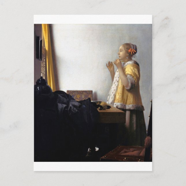 Kvinnor med Pearl Necklace, Johannes Vermeer Vykort (Framsida)