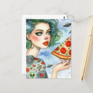 Kvinnor med stor bit pizza och UFO Vykort
