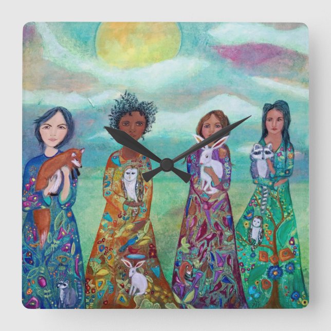 Kvinnor och djur Dist konsthandlings - lås Fyrkantig Klocka (Framsida)