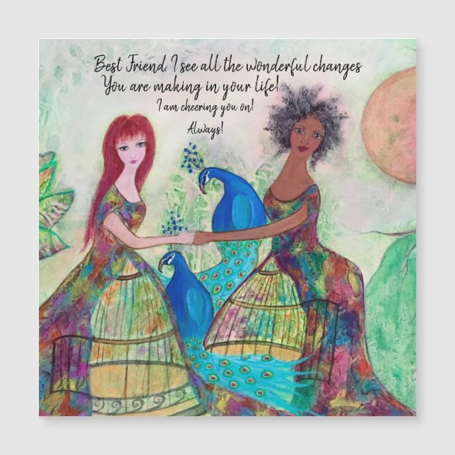 Kvinnor och peacockor Whimsical Art Magnetic Card (Framsida)