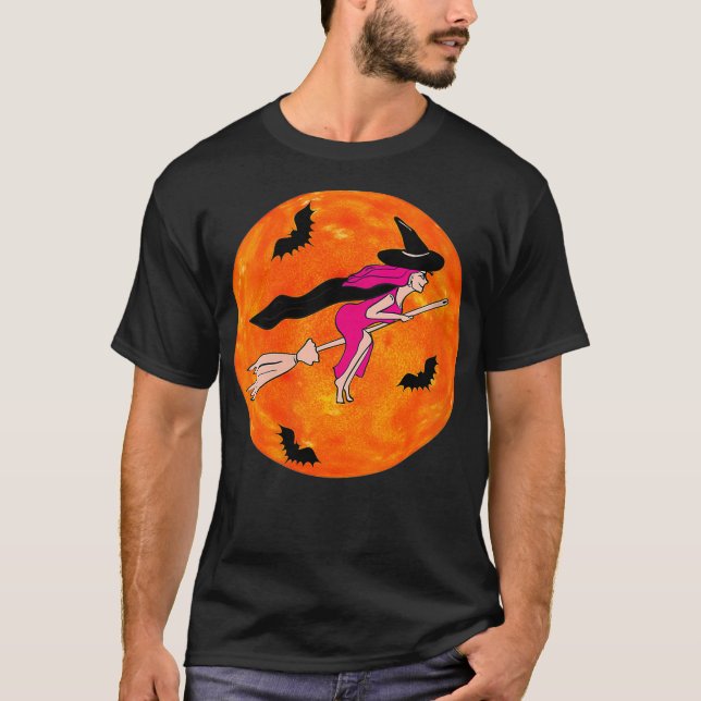 KVINNOR ROSA WITCH ON BROOM, HALLWEEN, WITCHES VNe T Shirt (Framsida)