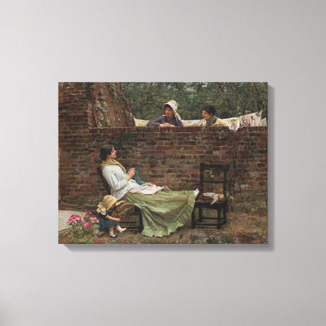 Kvinnor som chattar över trädgårdsmuren (Gossip) Canvastryck (Framsida)