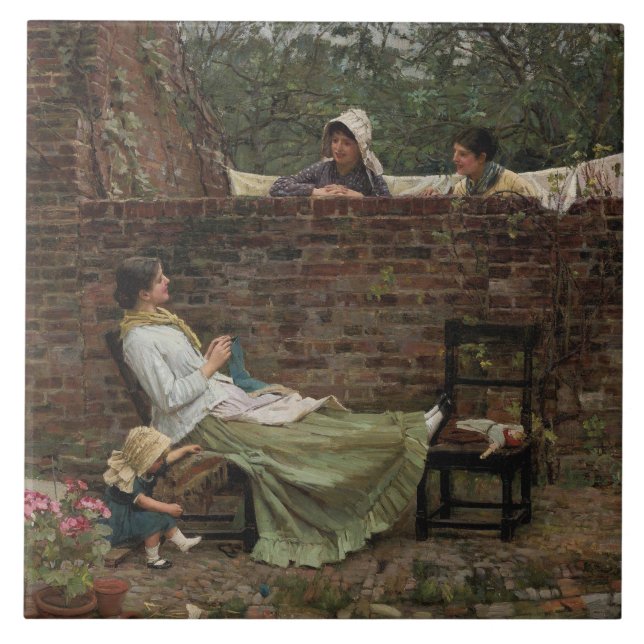 Kvinnor som chattar över trädgårdsmuren (Gossip) Kakelplatta (Framsidan)