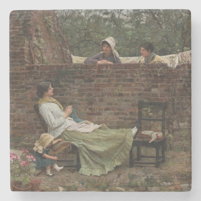 Kvinnor som chattar över trädgårdsmuren (Gossip) Stenunderlägg (Framsidan)