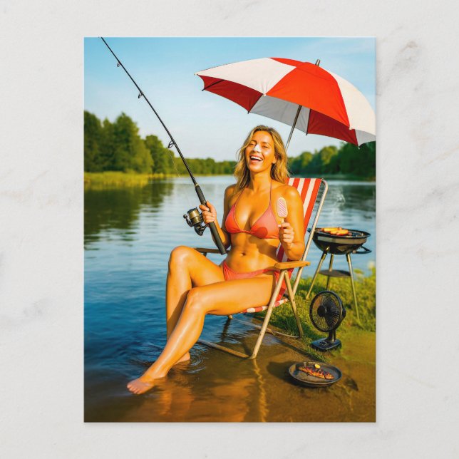 Kvinnor som fiskar parasol när de äter iskräm helg vykort (Framsida)