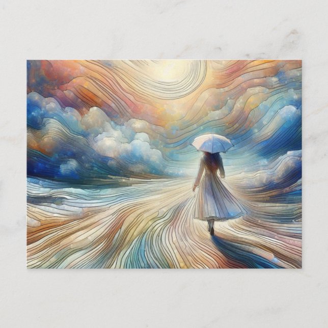 Kvinnor som går med Umbrellla Vykort (Framsida)