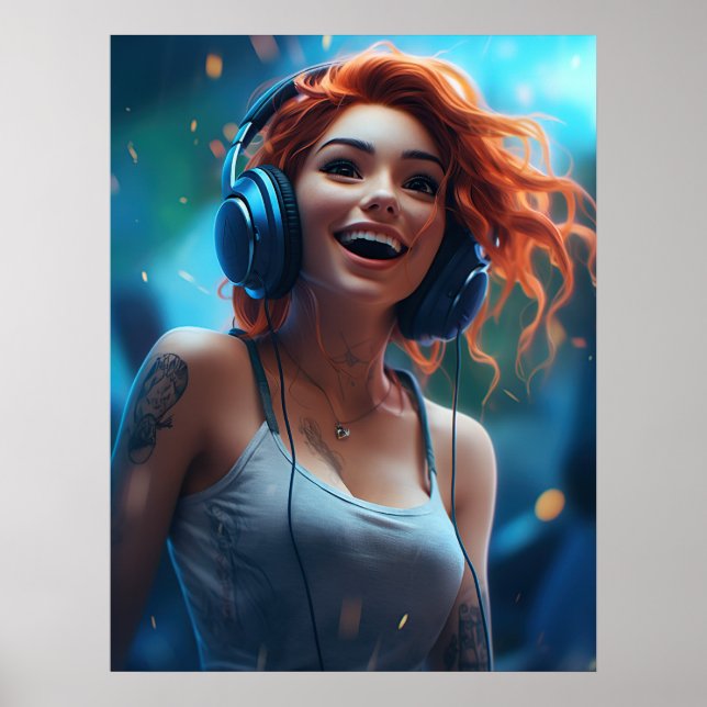 Kvinnor som lyssnar på musik med hörlurar poster (Framsidan)