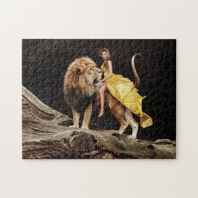 KVINNOR SOM RIDER EN LEJON FANTASY JIGSAW PUZZZLE PUSSEL (Horisontell)