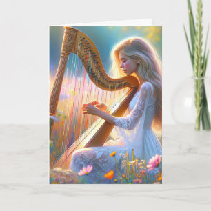 Kvinnor som spelar harp i vilda blommor kort