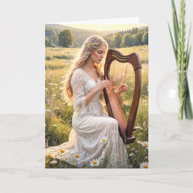 Kvinnor som spelar harp i vilda blommor kort (Framsida)
