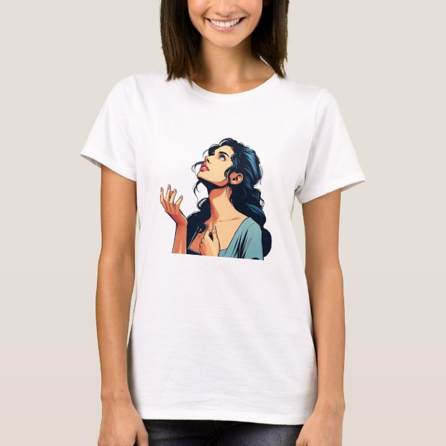 Kvinnor som Tittar upp och ber till Guds illustrat T Shirt (Framsida)