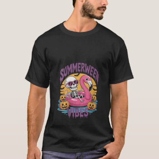 Kvinnor Summerween Vibes Skeleton Flamingo Spooky  T Shirt