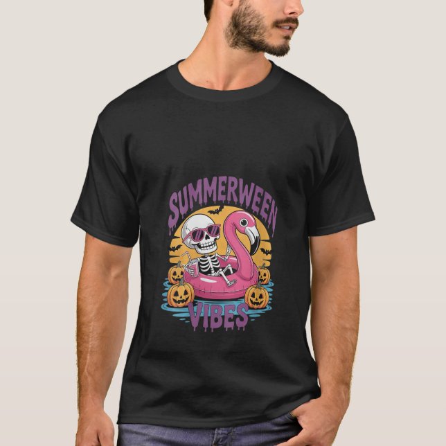 Kvinnor Summerween Vibes Skeleton Flamingo Spooky  T Shirt (Framsida)