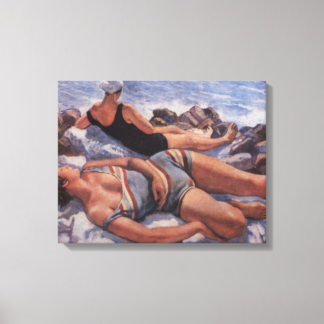 Kvinnor Sunbad på stranden (av Serebriakova) Canvastryck (Framsida)
