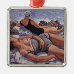Kvinnor Sunbad på stranden (av Serebriakova) Julgransprydnad Metall
