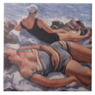 Kvinnor Sunbad på stranden (av Serebriakova) Kakelplatta