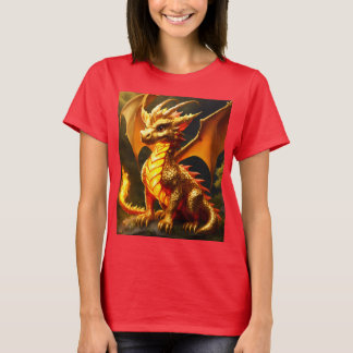 Kvinnor T-Shirt med Fluffy Guld och Fire Dragon